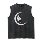 Grateful Dead washed graphic tank top with Blue Tie-dye Jerry Garcia With A White Crescent Moon Face Called Jerry Moon Short graphic