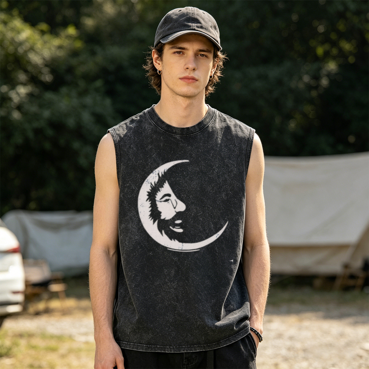 Grateful Dead washed graphic tank top with Blue Tie-dye Jerry Garcia With A White Crescent Moon Face Called Jerry Moon Short graphic