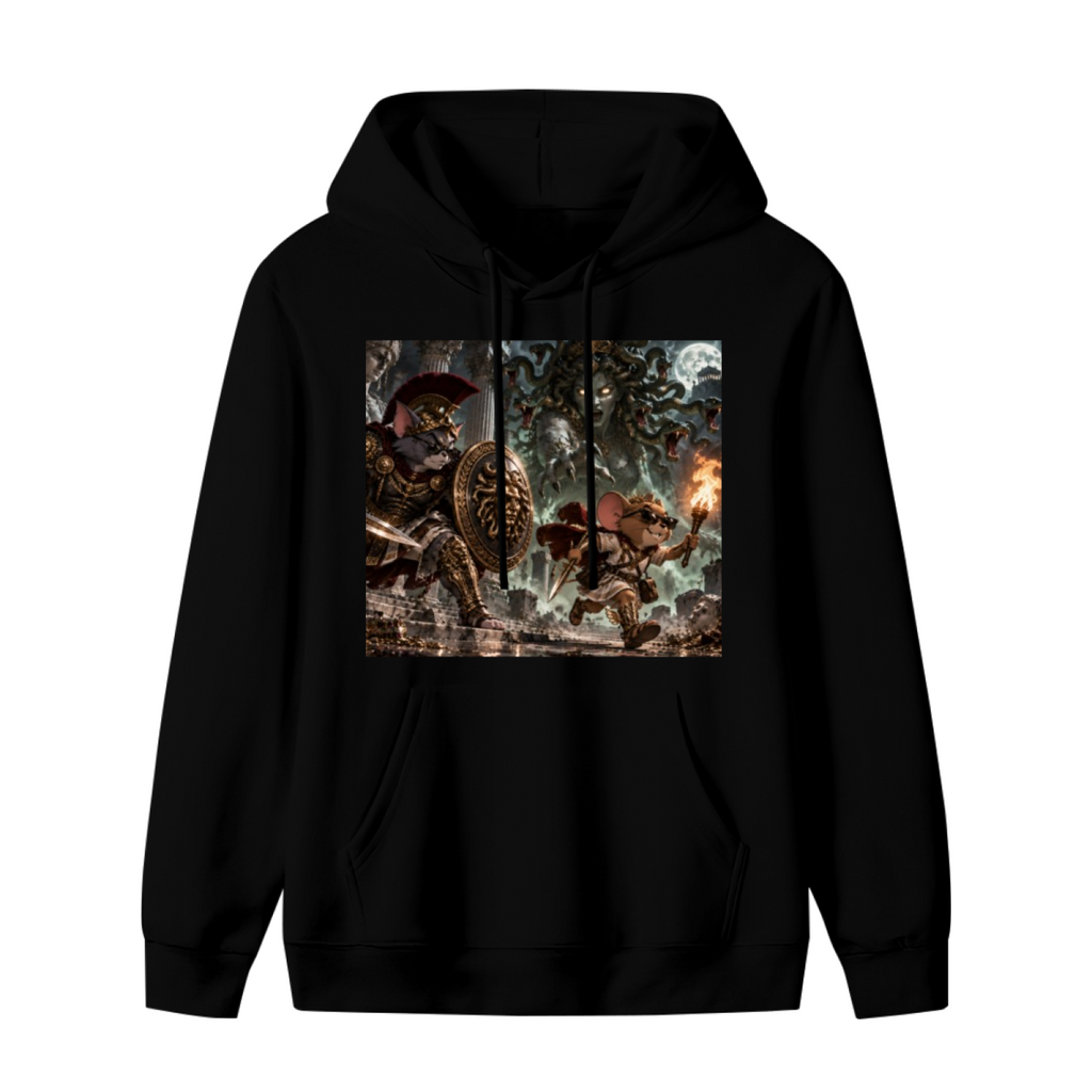 Standalone men's hoodie front displaying a graphic of animal figures facing a monster in a moonlit fantasy battle