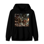 Standalone men's hoodie front displaying a graphic of animal figures facing a monster in a moonlit fantasy battle
