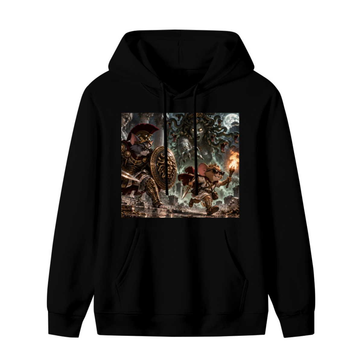 Standalone men's hoodie front displaying a graphic of animal figures facing a monster in a moonlit fantasy battle