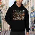 Men's hoodie worn outside, with the camera facing the graphic of animal figures facing a monster in a moonlit fantasy battle