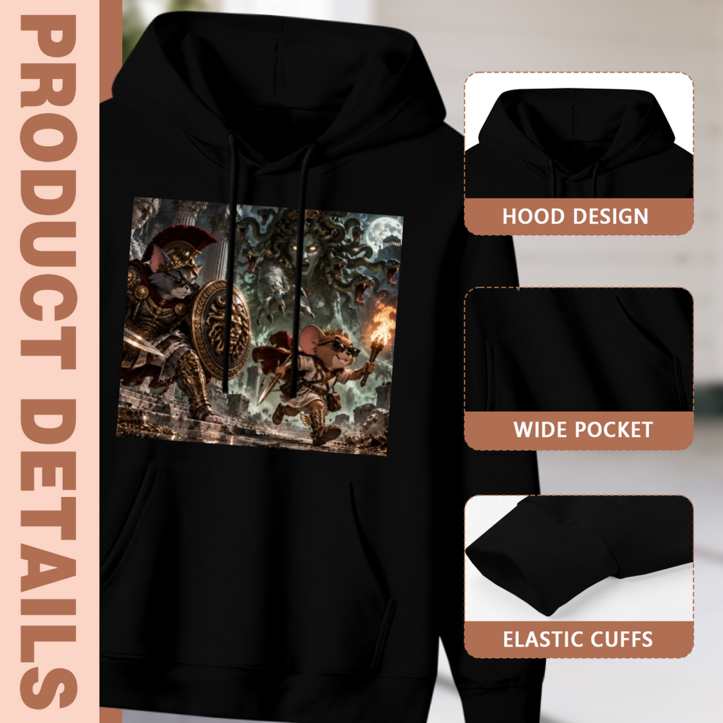 Construction-detail card for the men's Moonlit Monster Encounter hoodie, including the hood, front pouch and cuff edges