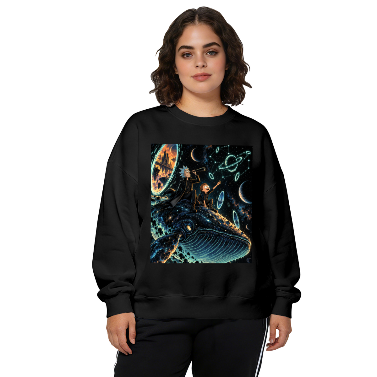 Studio photograph of a model in a women's crewneck sweatshirt showing whale riders drifting among stars and luminous rings