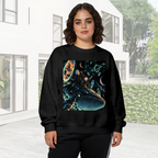 Women's crewneck sweatshirt worn outside, with the camera facing the graphic of whale riders drifting among stars and luminous rings