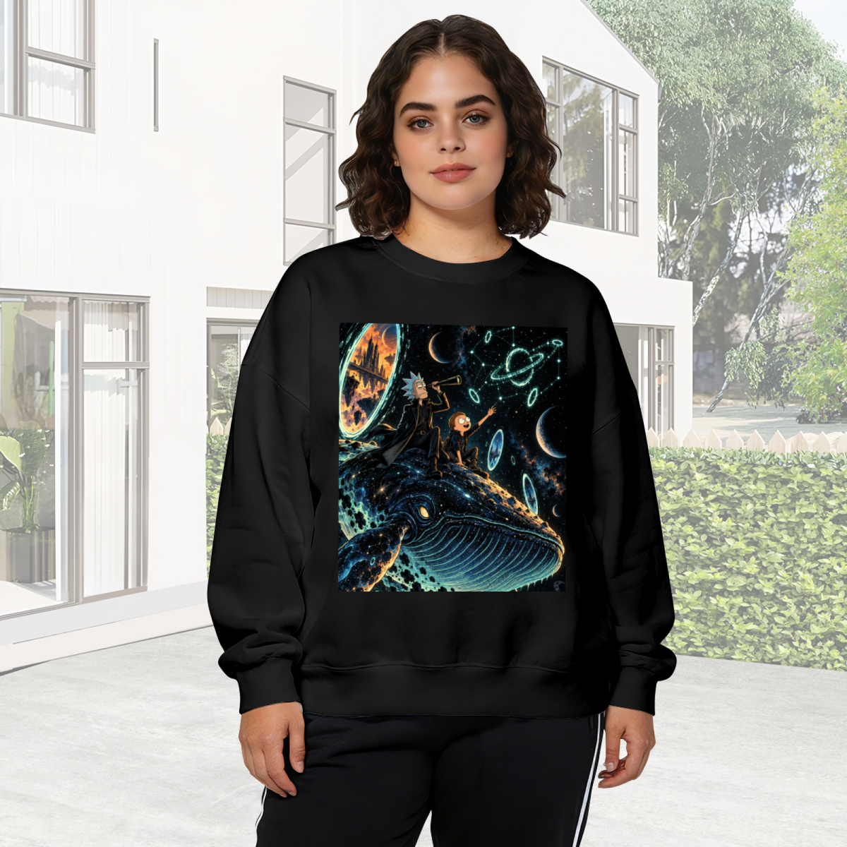 Women's crewneck sweatshirt worn outside, with the camera facing the graphic of whale riders drifting among stars and luminous rings