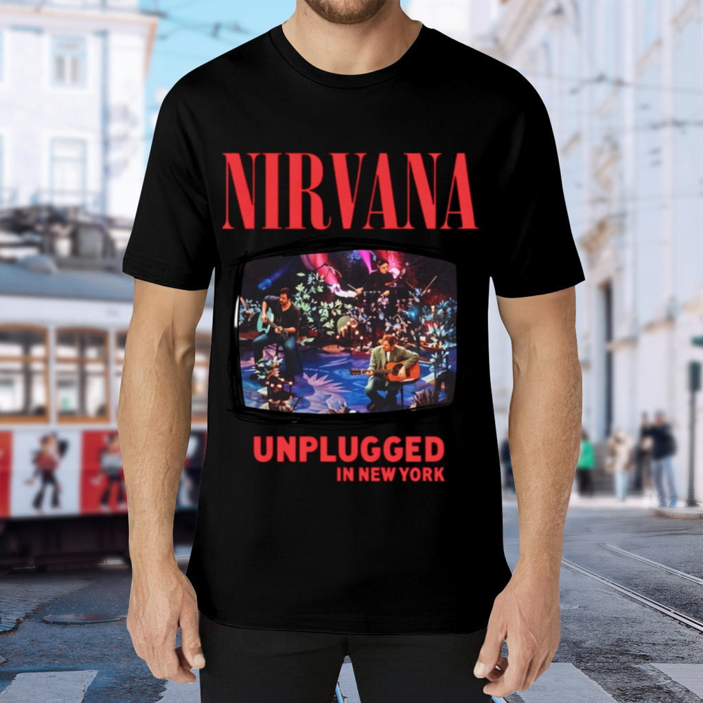 Nirvana MTV Unplugged New York Concert T-Shirt for Men — product design preview of the artwork; a New York MTV Unplugged concert image anchors the design, referencing the intimate live-performance setting rather than a standard band logo