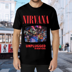 Nirvana MTV Unplugged New York Concert T-Shirt for Men — product design preview of the artwork; a New York MTV Unplugged concert image anchors the design, referencing the intimate live-performance setting rather than a standard band logo
