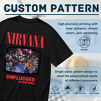 Nirvana MTV Unplugged New York Concert T-Shirt for Men — product design preview of the artwork; a New York MTV Unplugged concert image anchors the design, referencing the intimate live-performance setting rather than a standard band logo
