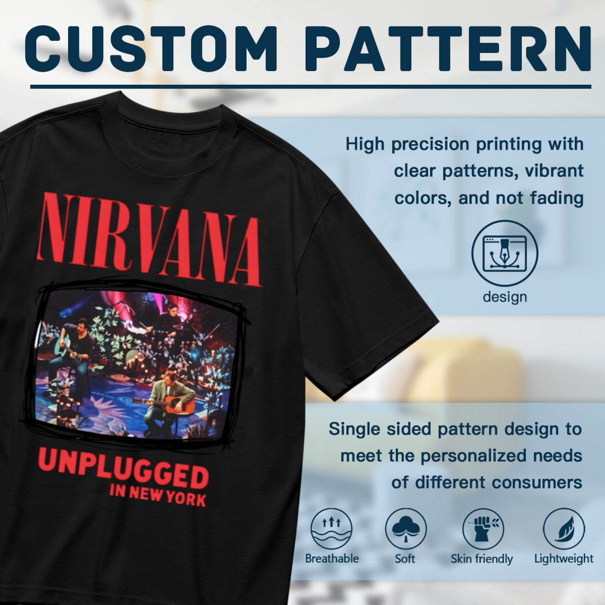 Nirvana MTV Unplugged New York Concert T-Shirt for Men — product design preview of the artwork; a New York MTV Unplugged concert image anchors the design, referencing the intimate live-performance setting rather than a standard band logo