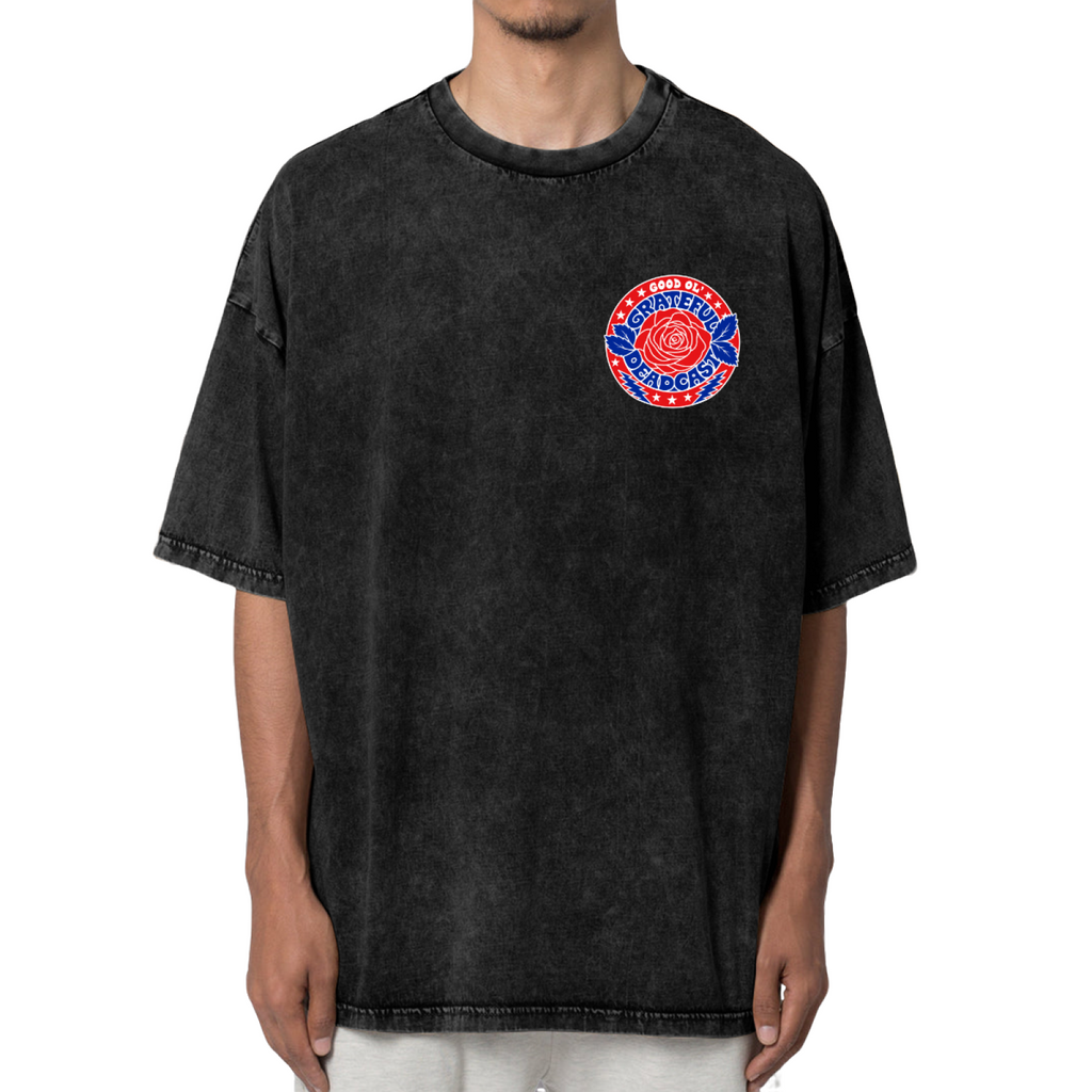 Front view of Grateful Dead Deadcast Rose Left Chest Badge washed graphic T-shirt