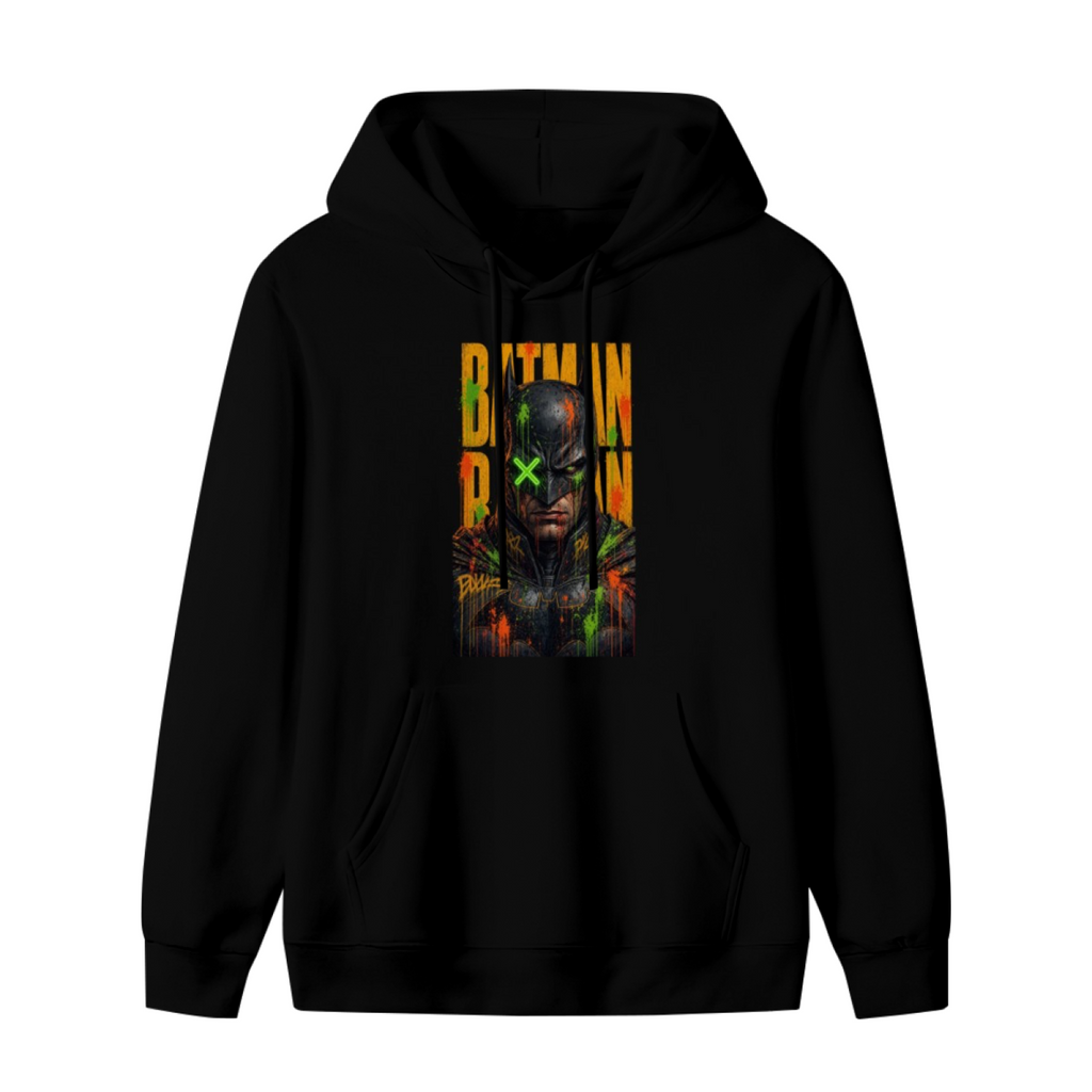 Standalone men's hoodie front displaying a graphic of a tall graffiti-style cowl portrait with a green X across the eyes