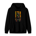 Standalone men's hoodie front displaying a graphic of a tall graffiti-style cowl portrait with a green X across the eyes