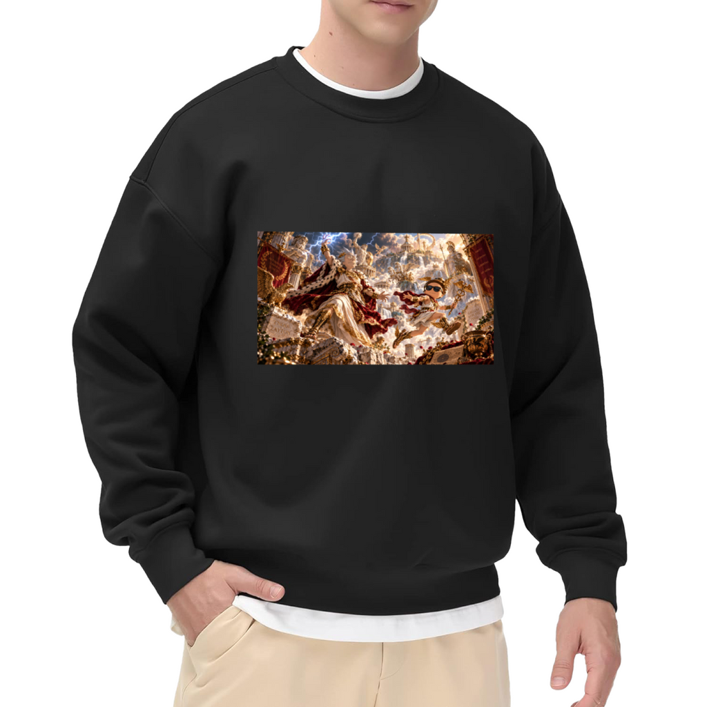 Men's crewneck sweatshirt seen on a model, its front graphic depicting a fantasy duel amid lightning inside an ornate palace hall