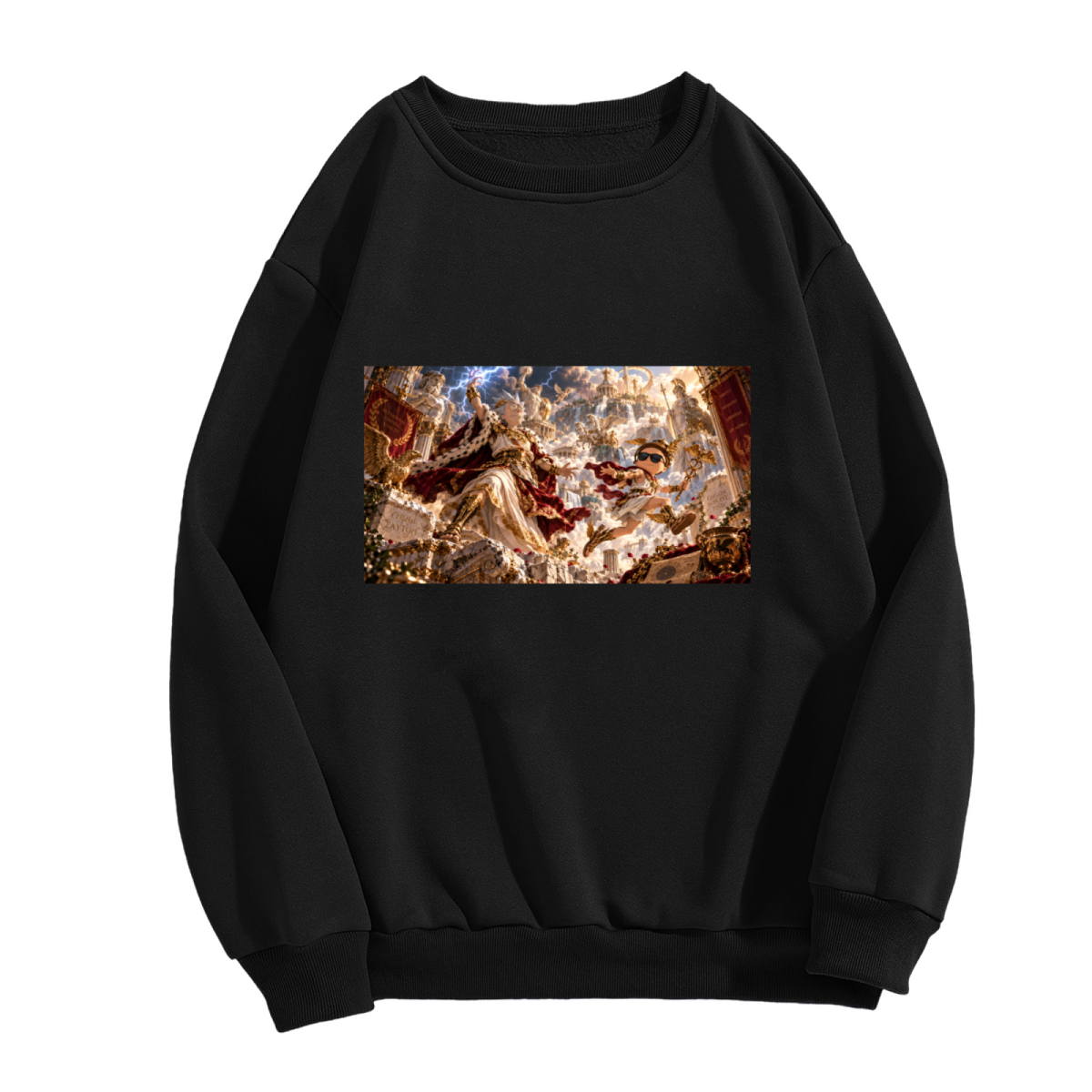 Front garment photograph: men's crewneck sweatshirt decorated with a fantasy duel amid lightning inside an ornate palace hall