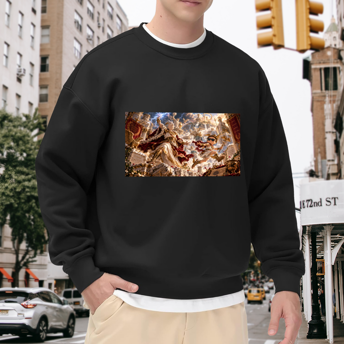 A fantasy duel amid lightning inside an ornate palace hall visible on a men's crewneck sweatshirt in an outdoor front model view