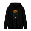 Front garment photograph: men's hoodie decorated with a hooded figure gripping a trident in a tall street-style composition