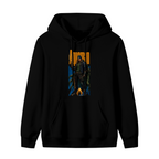 Front garment photograph: men's hoodie decorated with a hooded figure gripping a trident in a tall street-style composition