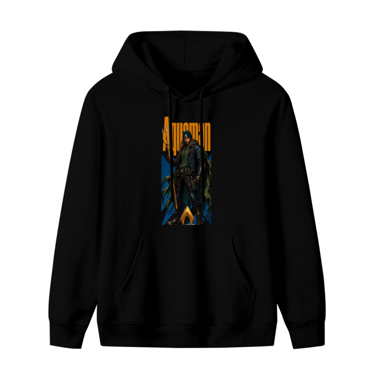 Front garment photograph: men's hoodie decorated with a hooded figure gripping a trident in a tall street-style composition