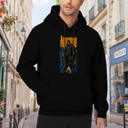 A hooded figure gripping a trident in a tall street-style composition visible on a men's hoodie in an outdoor front model view