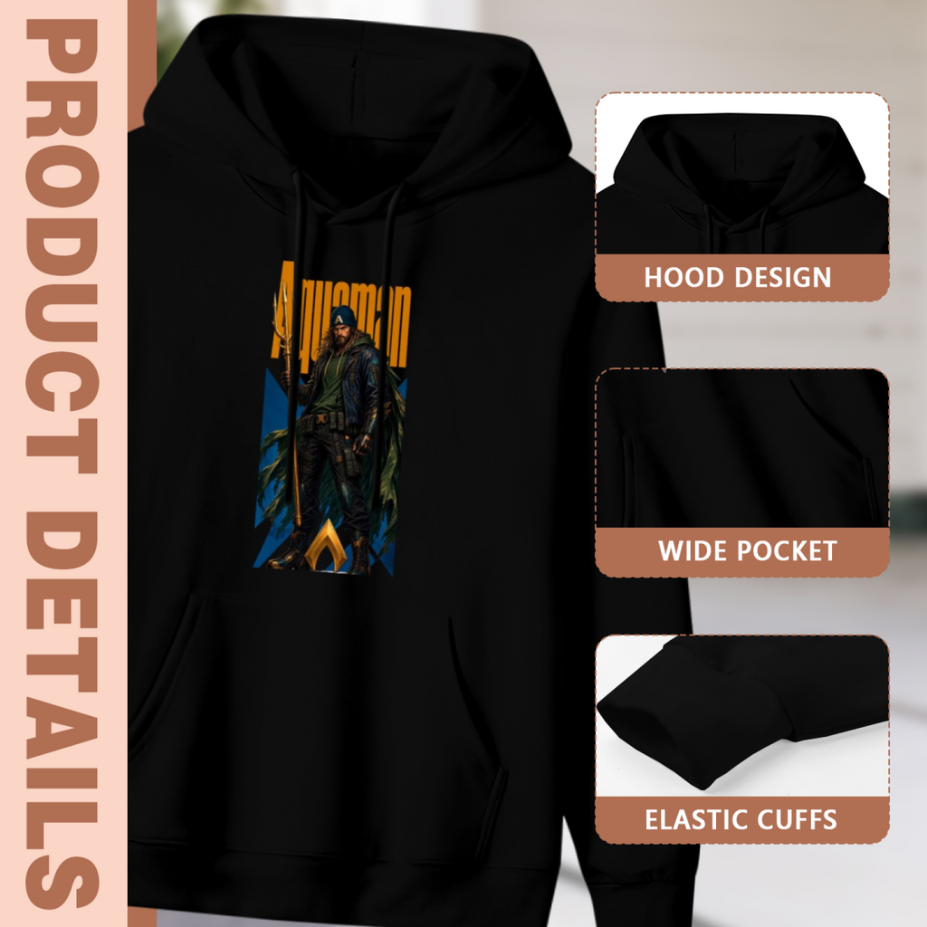 Men's Hooded Figure with a Trident hoodie product-feature illustration with close views of the hood, pocket and cuffs