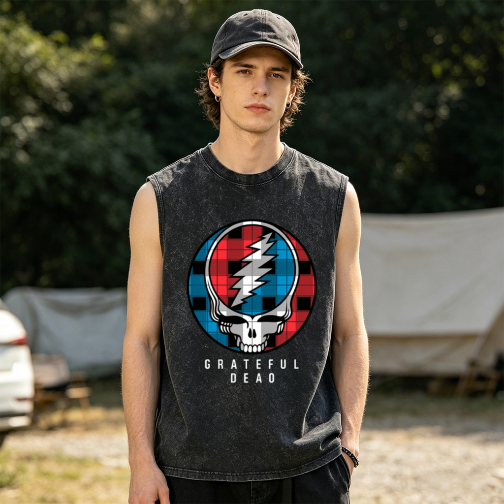 Grateful Dead washed graphic tank top with Plaid Steal Your Face graphic