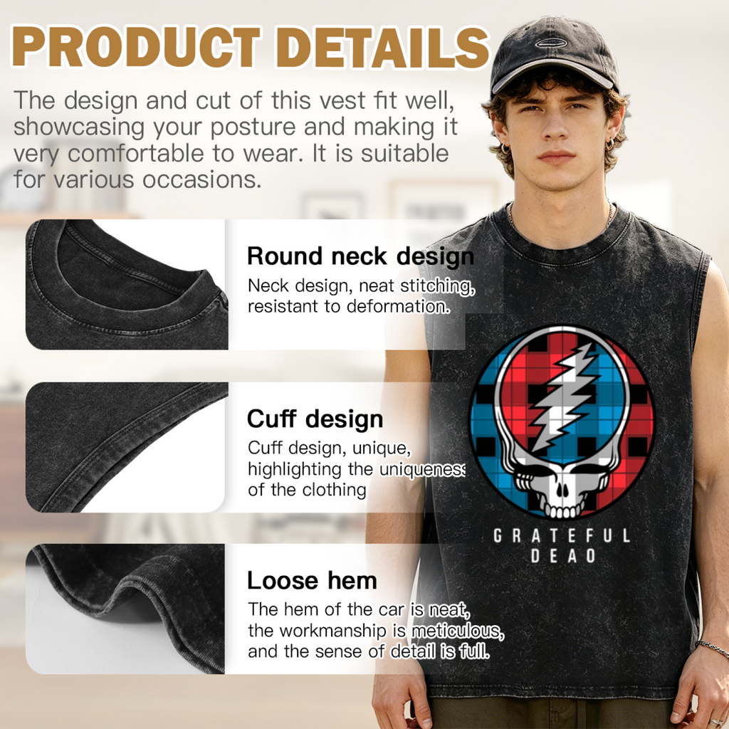 Grateful Dead washed graphic tank top with Plaid Steal Your Face graphic