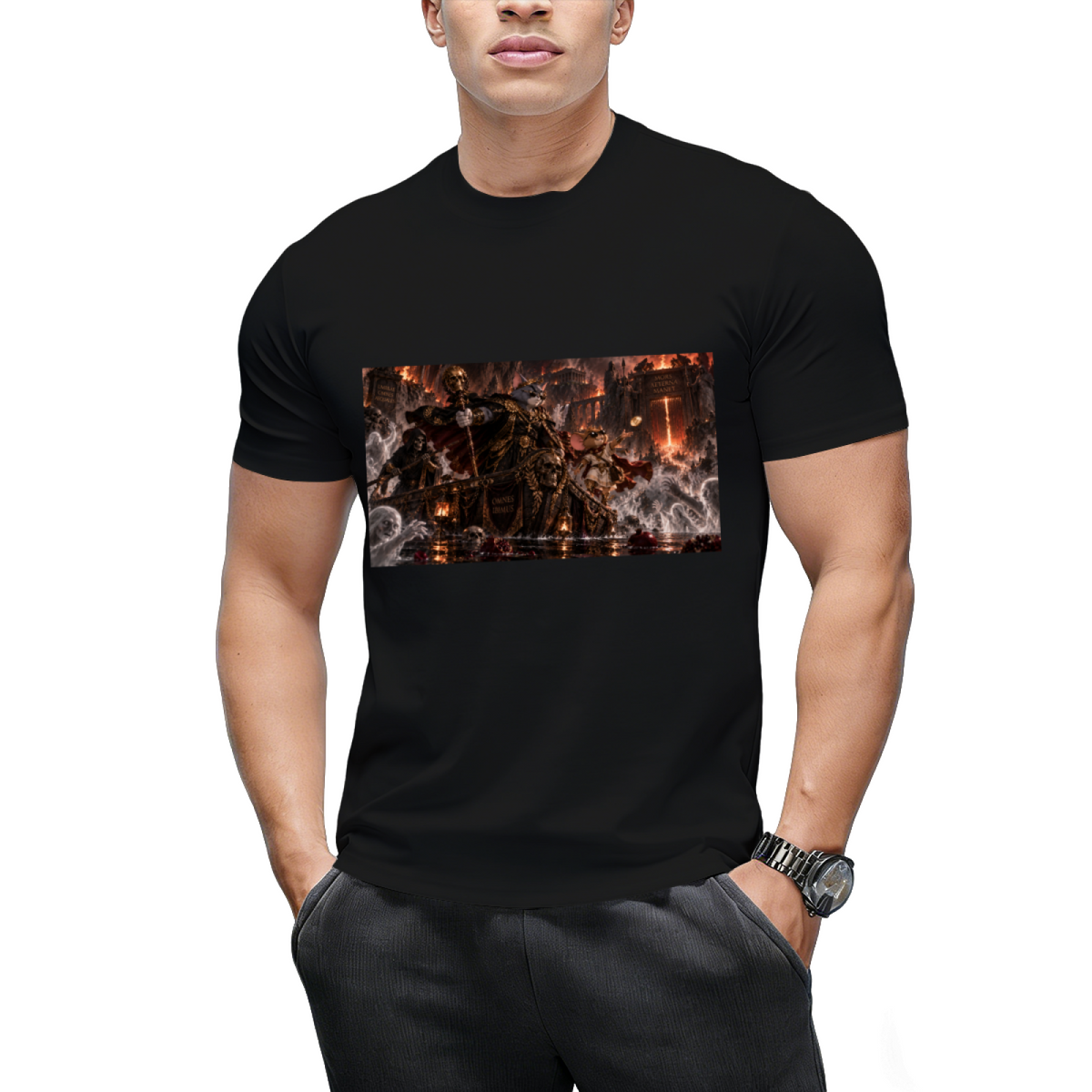 Men's T-shirt with dynamic Cat & Mouse Dash front graphic shown on a model
