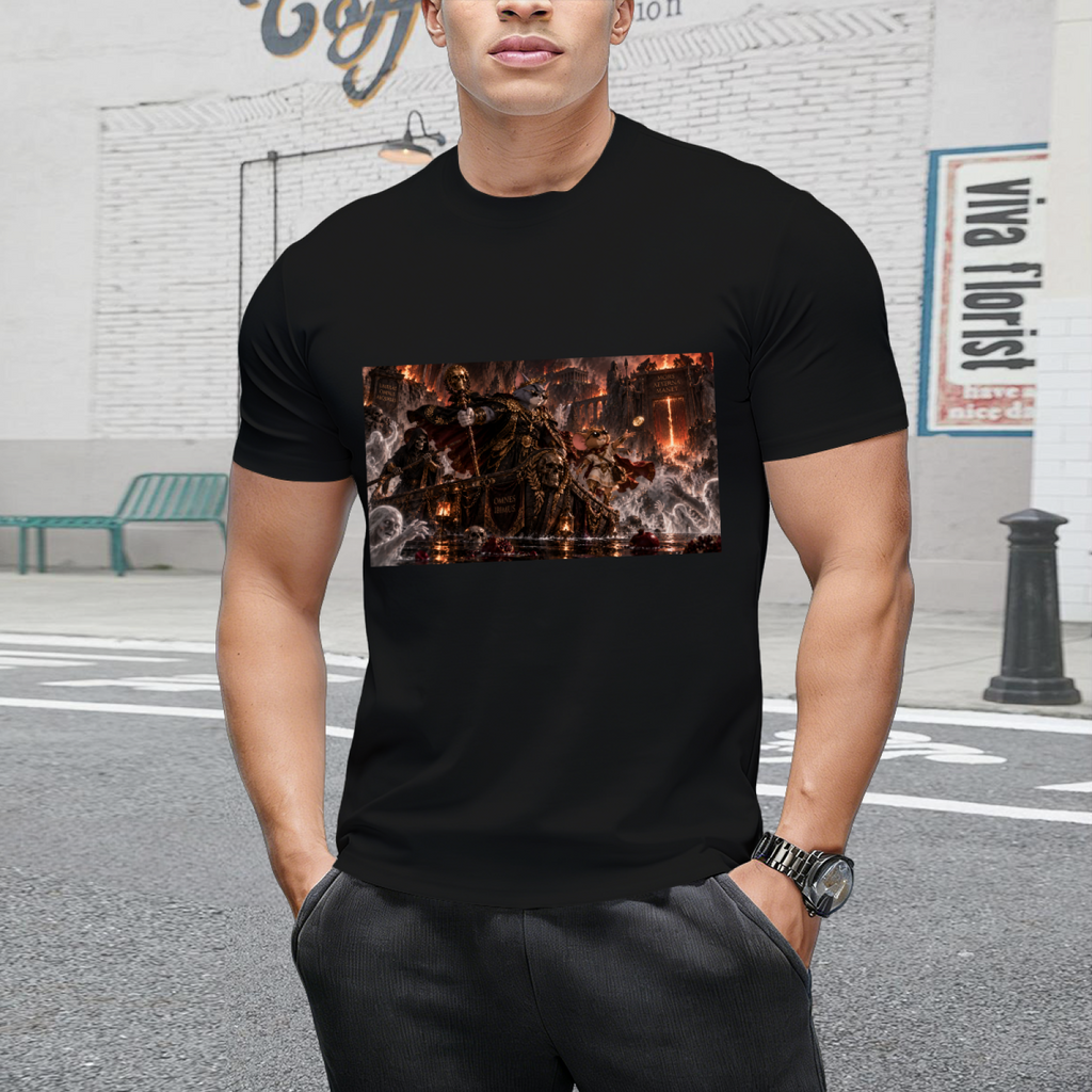 Casual outdoor view of a model in a men's T-shirt with dynamic Cat & Mouse Dash design