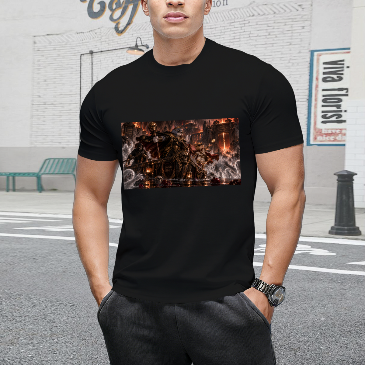 Casual outdoor view of a model in a men's T-shirt with dynamic Cat & Mouse Dash design