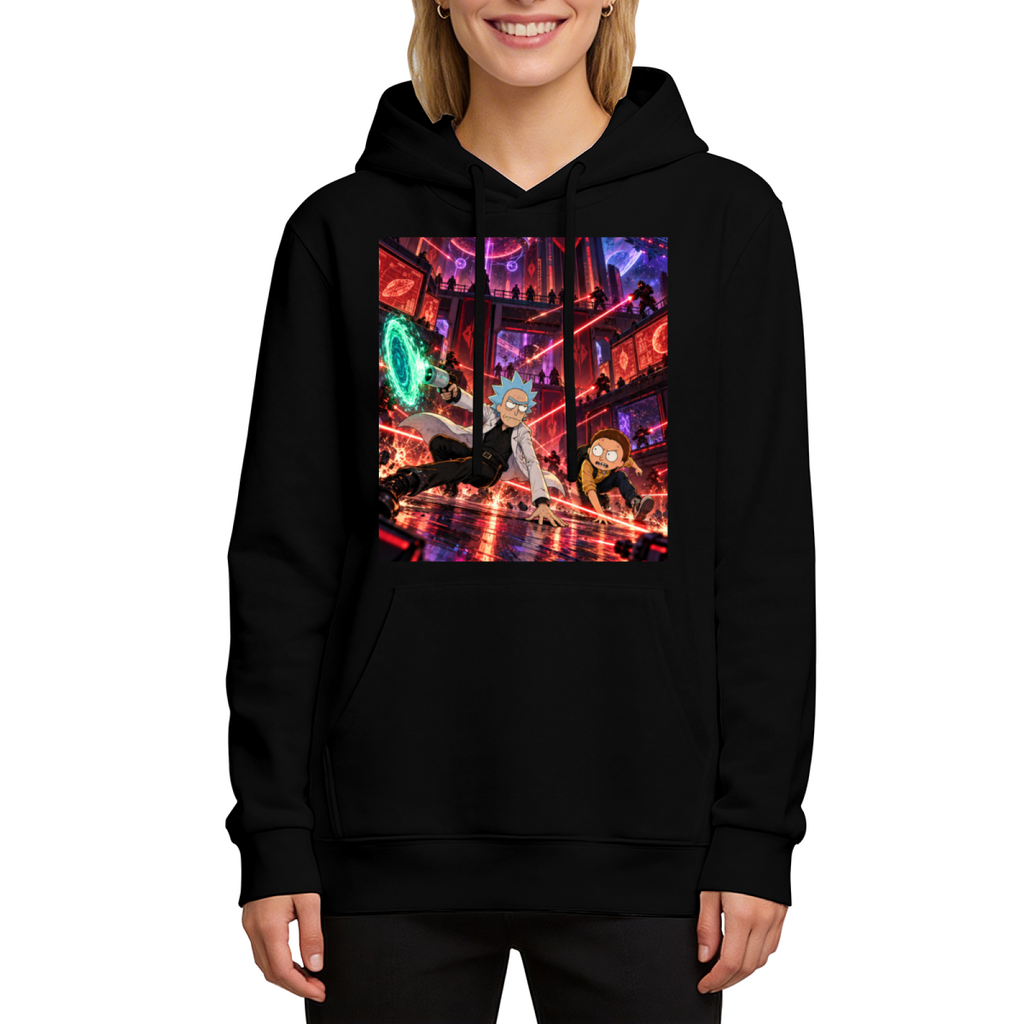 Two cartoon figures running through a city filled with lasers printed on a women's hoodie, shown in a front model photo