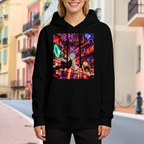 On-location model photograph displaying two cartoon figures running through a city filled with lasers on the front of a women's hoodie