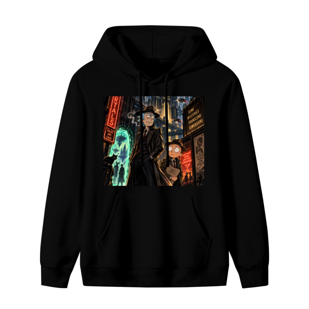 Front garment photograph: men's hoodie decorated with two travelers on a rainlit street beneath neon city signs