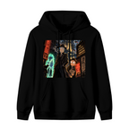 Front garment photograph: men's hoodie decorated with two travelers on a rainlit street beneath neon city signs
