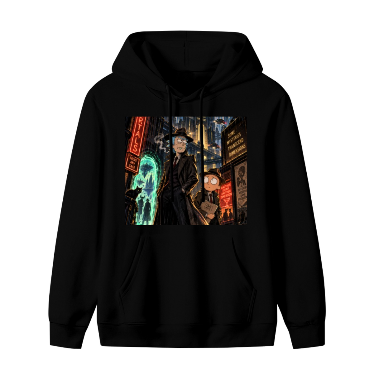 Front garment photograph: men's hoodie decorated with two travelers on a rainlit street beneath neon city signs