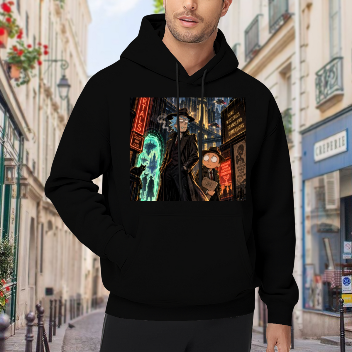 Two travelers on a rainlit street beneath neon city signs visible on a men's hoodie in an outdoor front model view
