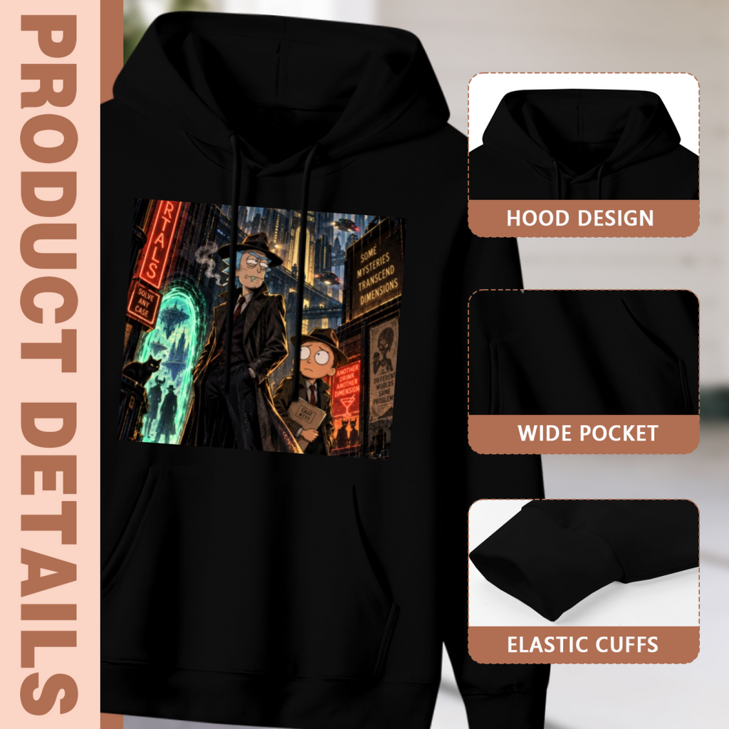 Men's Rain-Soaked Future Street hoodie product-feature illustration with close views of the hood, pocket and cuffs