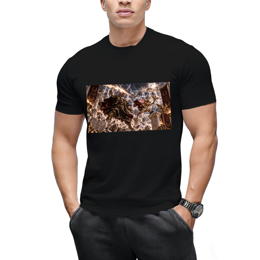 Model wearing a men's T-shirt with nostalgic Cat & Mouse Fun graphic, front view