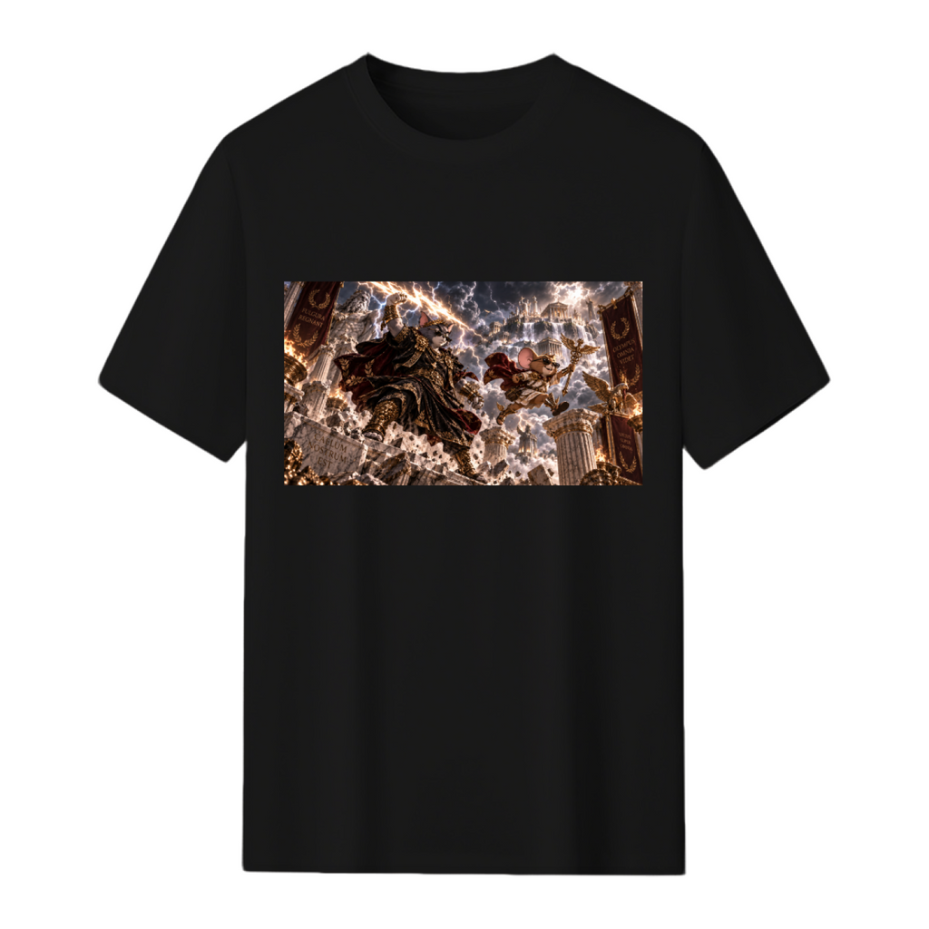 Full front product image of a men's T-shirt featuring nostalgic Cat & Mouse Fun design