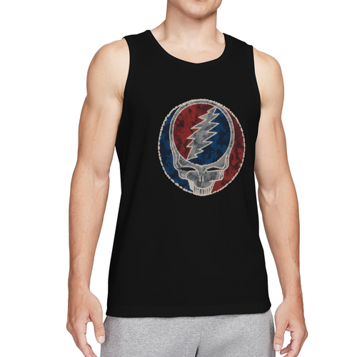 Grateful Dead Dark blue tie dye featuring a circular logo with red and blue sections and a silver skull design graphic tank top product image