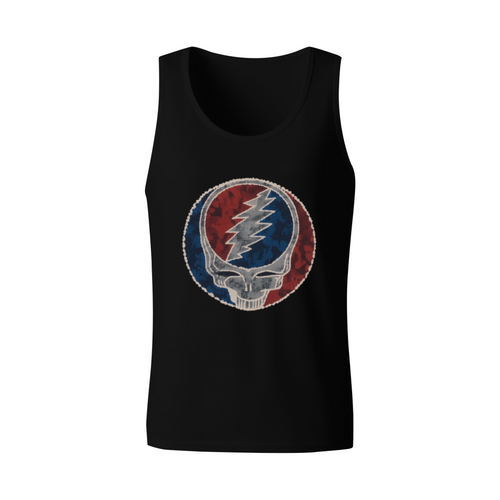 Grateful Dead Dark blue tie dye featuring a circular logo with red and blue sections and a silver skull design graphic tank top product image