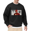 Front-facing model wearing a men's crewneck sweatshirt decorated with a scarlet-cowl portrait against a rectangular newspaper-style backdrop