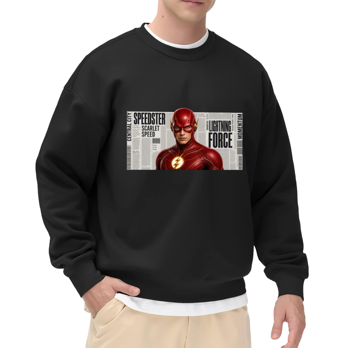 Front-facing model wearing a men's crewneck sweatshirt decorated with a scarlet-cowl portrait against a rectangular newspaper-style backdrop