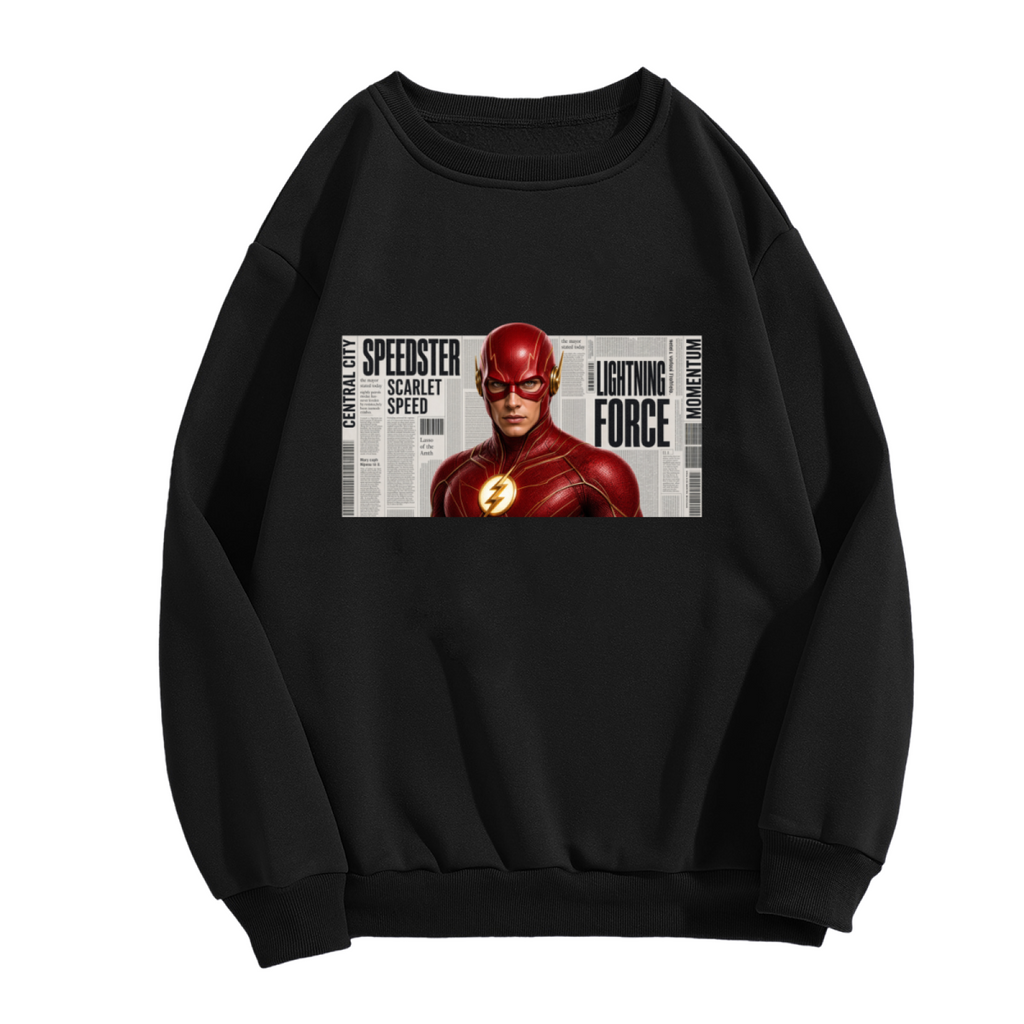 A scarlet-cowl portrait against a rectangular newspaper-style backdrop shown on the front of a men's crewneck sweatshirt in a standalone product shot