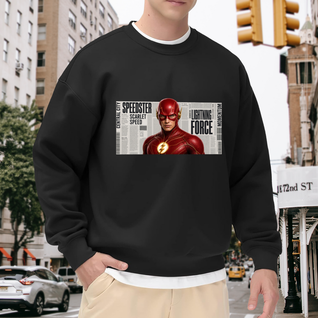 Outdoor photograph of a model in a men's crewneck sweatshirt bearing a scarlet-cowl portrait against a rectangular newspaper-style backdrop