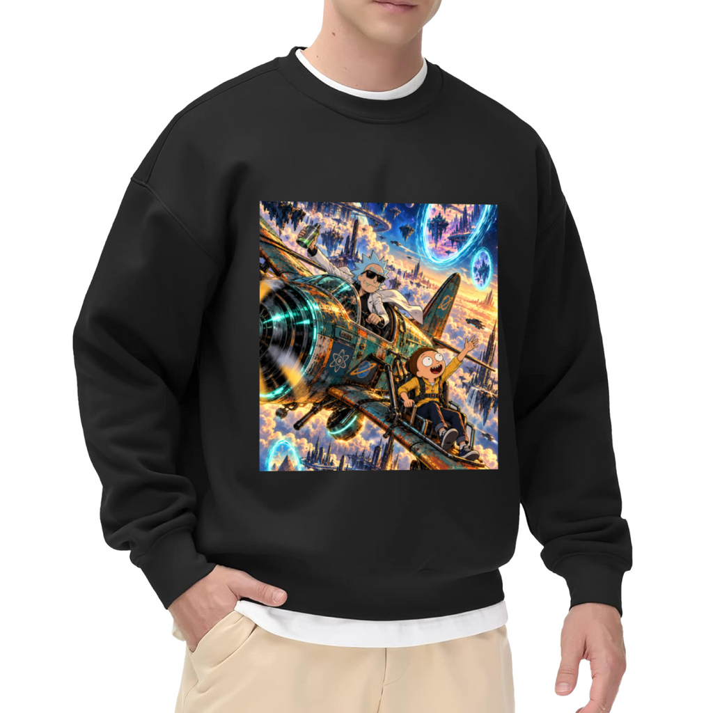 Studio photograph of a model in a men's crewneck sweatshirt showing a cartoon crew aboard an aircraft flying through portals