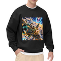 Studio photograph of a model in a men's crewneck sweatshirt showing a cartoon crew aboard an aircraft flying through portals