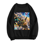 Standalone men's crewneck sweatshirt front displaying a graphic of a cartoon crew aboard an aircraft flying through portals