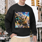 Men's crewneck sweatshirt worn outside, with the camera facing the graphic of a cartoon crew aboard an aircraft flying through portals