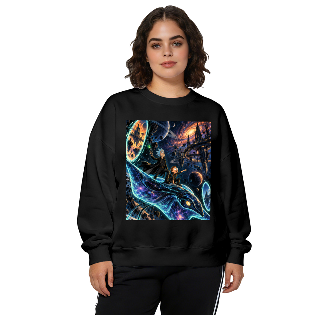 Front-facing model wearing a women's crewneck sweatshirt decorated with a whale traveling along curving trails of light through a galaxy